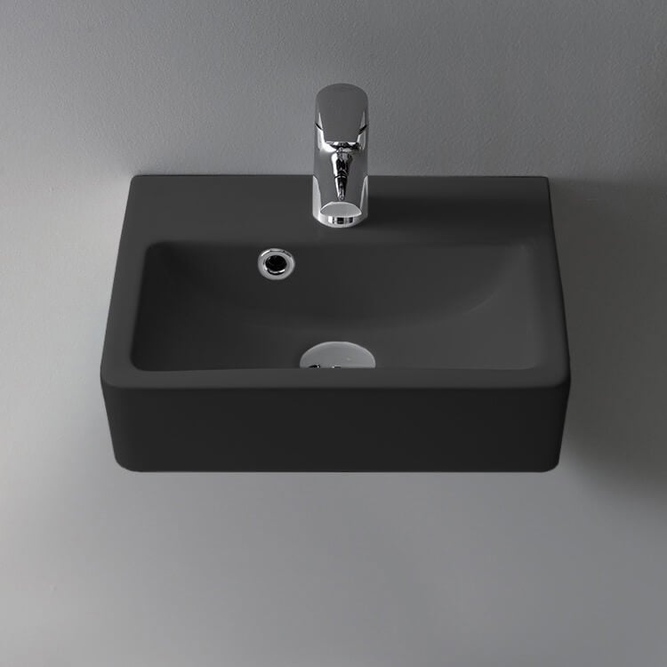 Bathroom Sink, CeraStyle 001407-U-97-One Hole, Small Matte Black Ceramic Wall Mounted or Vessel Sink